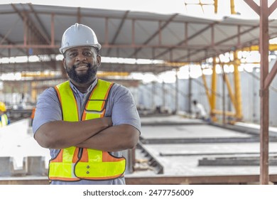 An African civil engineer with arm crossed stands with confident for his prefabs business program. A smart male manger stands in front of a ready made floor factory. Happy manager with confidence