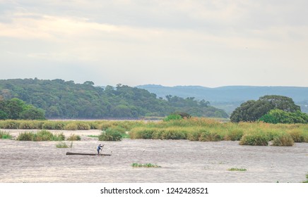 African Congolese fisherman rowing a boat standing in wooden boat. Congo river in Brazzaville, Congo Republic. Travel to Brazzaville in West-Africa on the Congo river. 