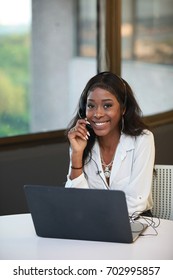 African Customer Support, Girl Service, Black American Secretary, Receptionist Calling Talking, Headset, Headphone, Happiness, Office Worker