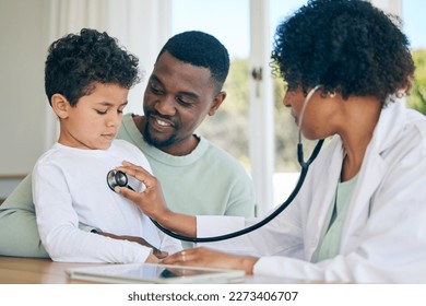 African dad, child and woman doctor with stethoscope in doctors office for health checkup on heart, lungs and breathing. Black man, son and pediatrician in healthcare checking kids asthma symptoms. - Powered by Shutterstock