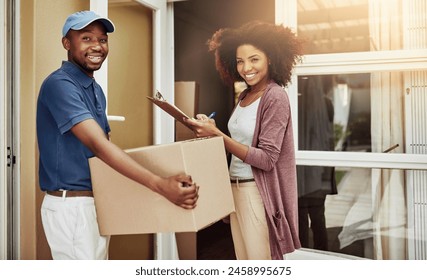 African delivery man, woman and signature in portrait with package, stock and document at front door. People, courier and writing with invoice, clipboard and box with customer satisfaction at house - Powered by Shutterstock