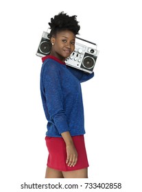 African Descent Woman Holding Jukebox