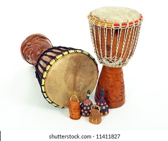 African Djembe Drums And Caxixi Shakers. Percussion Music Instruments.