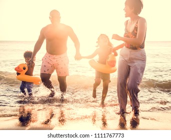 family beach shutterstock traveling sunset running having concept young happy fun