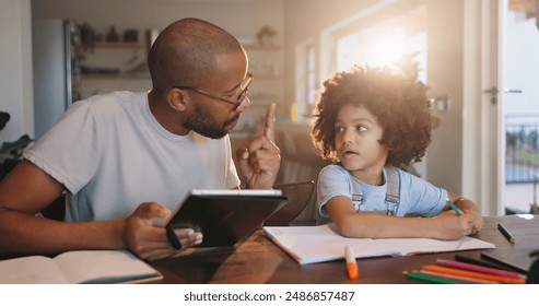 African father, child and math homework with tablet, helping hand or counting for solution in family house. Support, man and son with books, problem solving and e learning for education at apartment - Powered by Shutterstock