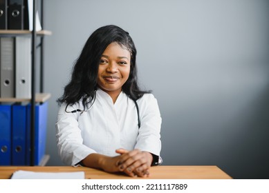 African Female Doctor Make Online Telemedicine Video Call Consult Patient. African American Black Woman Therapist Talking To Camera In Remote Videoconference Chat. Webcam View, Face Headshot