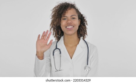 African Female Doctor Talking On Online Video Call On White Background