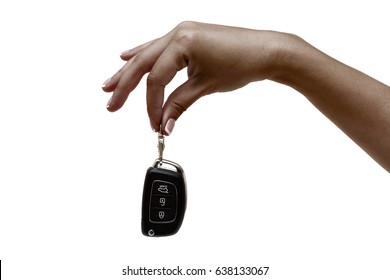 African Female Hand Holds Car Keys On White Background.