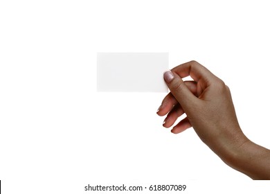 African Female Hand Holds White Card On A White Background.