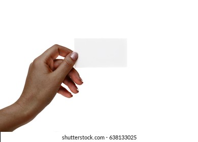 African Female Hand Holds White Card On A White Background.