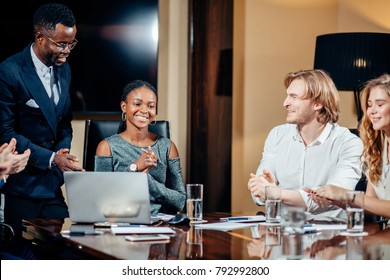 African Female Team Leader On Meeting Discussion Talking In Office Conference Room