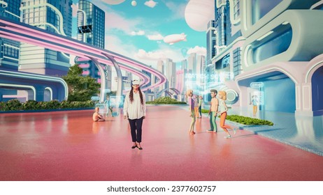 African Female Wearing a Virtual Reality Headset. She Is Walking In Digital Internet 3D Universe with Colorful Avatars. Next Generation Immersive Social Network Online Metaverse Experience
