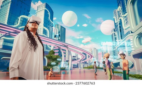 African Female Wearing a Virtual Reality Headset. She Is Walking In Digital Internet 3D Universe with Colorful Avatars. Next-Generation Immersive Social Network Online Metaverse Experience Concept.