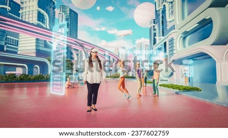 African Female Wearing a Virtual Reality Headset. She Is Walking In Digital Internet 3D Universe with Colorful Avatars. Next-Generation Immersive Social Network Online Metaverse Experience