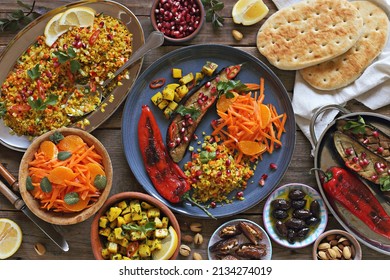  African Food Table Concept. Traditional African Or Middle Easter Dishes Assortment. Selective Focus