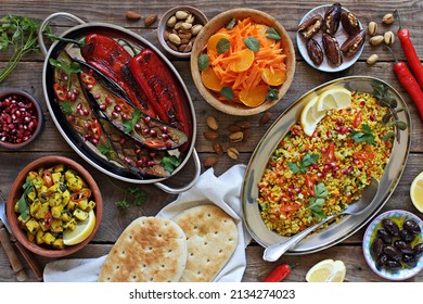  African Food Table Concept. Traditional African Or Middle Eastern Dishes Assortment. Selective Focus