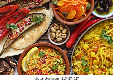  African Food Table Concept. Traditional African Dishes Assortment. Selective Focus