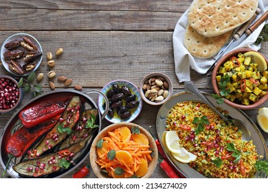  African Food Table Concept. Traditional African Dishes Assortment. Selective Focus