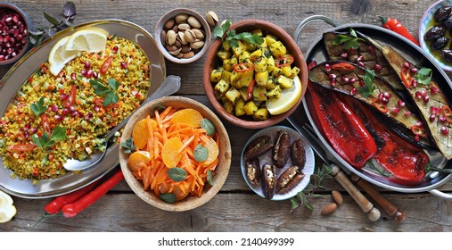 African food table concept. Traditional African or middle eastern dishes assortment. Selective focus