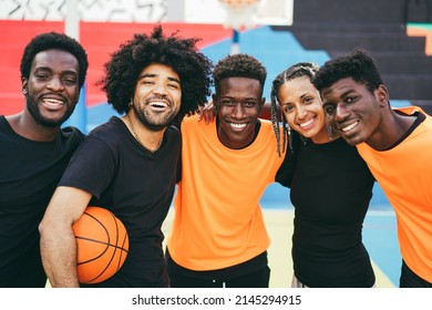 African Friends Playing Basketball Outdoor - Urban Lifestyle Concept - Focus On Center Guy Face