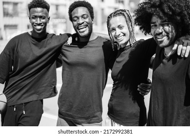 African Friends Playing Basketball Outdoor - Focus On Girl Face - Black And White Editing