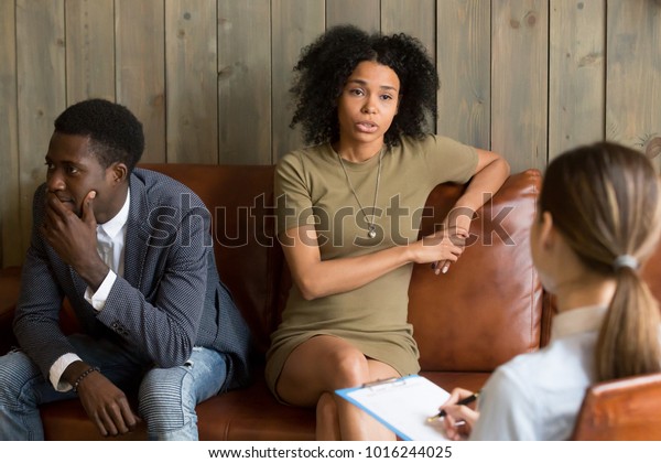 African Frustrated Wife Talking Psychologist Sitting Stock