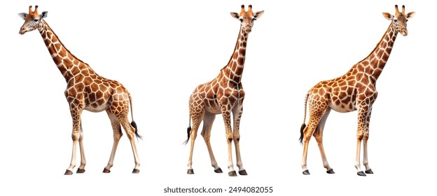 African giraffe isolated on white background. Side, front and perspective view.