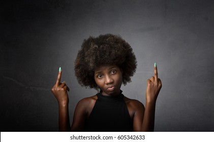 african girl double rude gesture, dark background