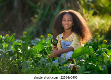 African girl holding a magnifying glass to look at insects and learn about agriculture in a rural vegetable garden for education - Powered by Shutterstock