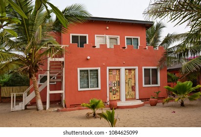 African Guesthouse. Beach House, Palm Trees On A Yard. Sweet Memories About Travel. Everything For Your Vacation And Relax In Remote Areas. West Africa. Ghana, Accra, - December 31, 2016  