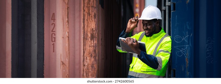 African logistics supervisor using tablet to inspect shipping containers at port yard, managing cargo, safety, and supply chain operations in global transportation industry.