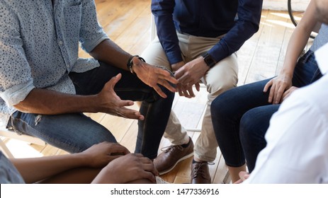 African Man Counselor Therapist Coach Psychologist Speak At Group Counseling Therapy Session Concept Encourage Support Patients In Addiction Talk Share Problem Sit In Circle In Rehab, Close Up View