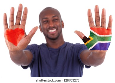 African Man Hands With A Painted Heart And South African Flag, I Love South Africa Concept, Isolated On White Background