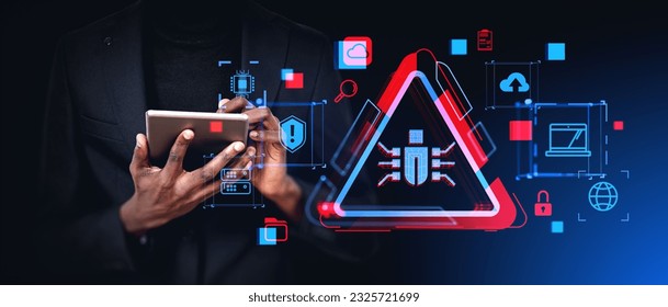 African man hands typing in tablet, double exposure bug detection and online security, software and cloud services. Concept of virus, digital protection and computer system