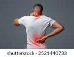 African man with neck and back pain, rubbing his painful body over white background, back view