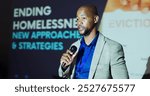 African man, speech and stage at conference for homeless crisis with call to action for global community. Person, speaker and housing activist with presentation, equality and strategy at convention