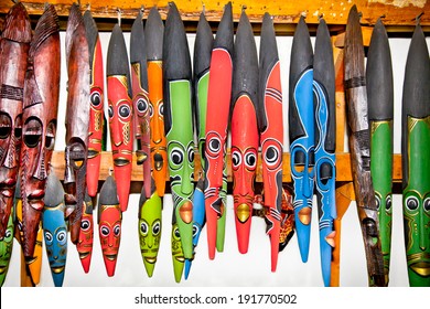 African Masks For Sale At Market In Nairobi, Kenya. Africa.