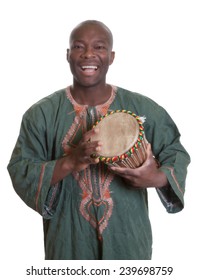 African musician with traditional clothes and drums