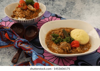 African Okra Soup With Plantain Fufu Presented In A Bowl