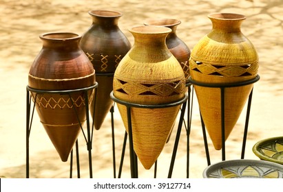 African Pottery At Outdoor Market In Ghana West Africa