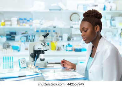 African Scientist, Medical Worker, Tech Or Graduate Student Works In Modern Biological Laboratory