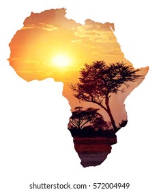 African Sunset With Acacia, Map Of Africa Continent Concept, Africa Safari Nature Wilderness Concept