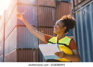 African Teen Black Woman Staff Worker Work Check Stock Inventory In Port Cargo Shipping Portait Happy Smile