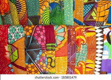 African Traditional Fabrics In A Shop In Ghana, West Africa