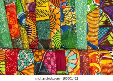 African Traditional Fabrics In A Shop In Ghana, West Africa