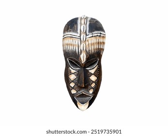 African Tribal Mask, an intricately carved wooden mask featuring geometric patterns and contrasting colors, symbolizing cultural heritage and artistic expression from the African continent. - Powered by Shutterstock