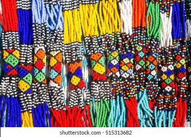African Tribal Necklaces. Closeup Of Intricate Bead Work For Sale At A Street Market. 