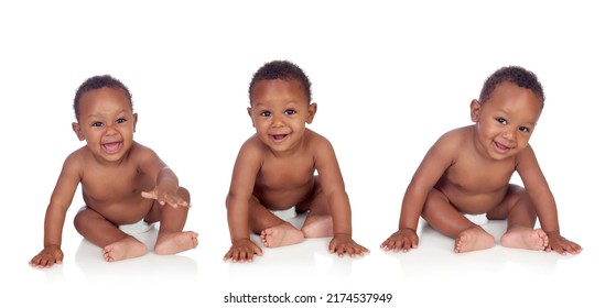 African Triplets Brothers Playing Isolated On A White Background