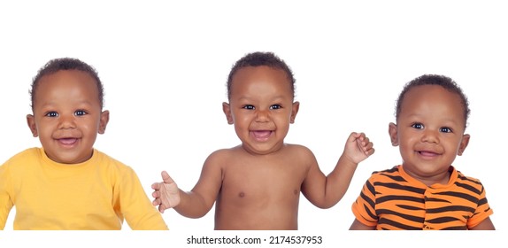 African Triplets Brothers Playing Isolated On A White Background