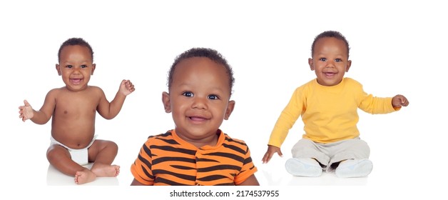 African Triplets Brothers Playing Isolated On A White Background